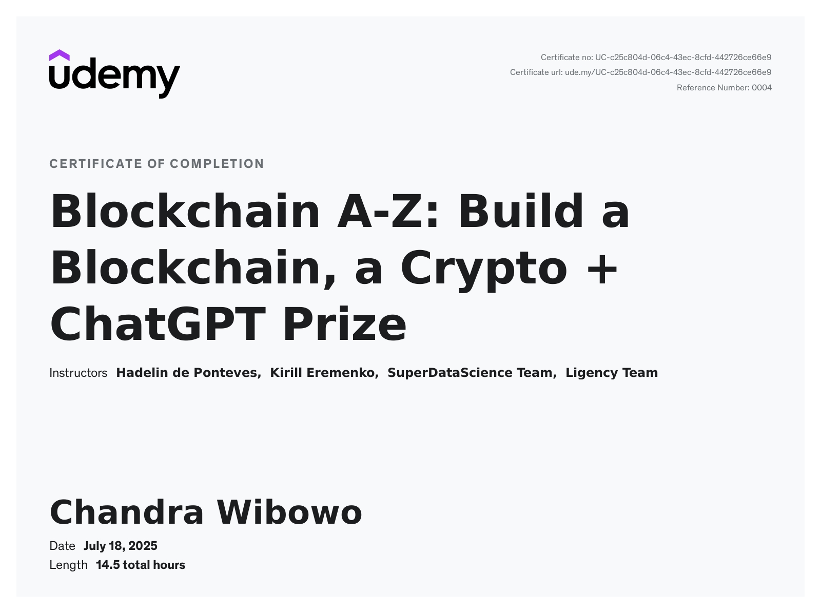 Blockchain A-Z: Build a Blockchain, a Crypto + ChatGPT Prize - Chandra Wibowo